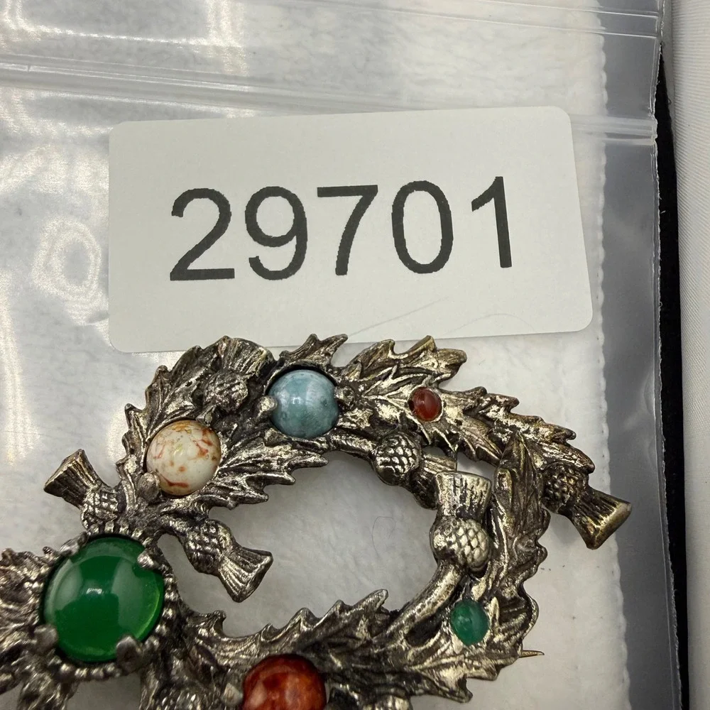 Vintage Jacobite Brooch Silver Tone Scottish Thistle Wreath Multicolor Stone